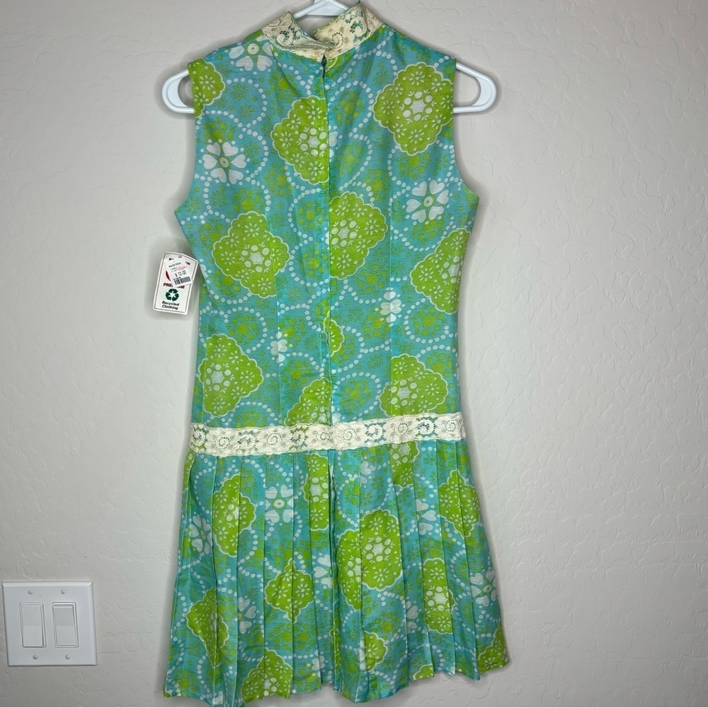 Vintage 60/70’s Green Blue Drop Waist Dress Midi Mod Flower Power Girls Size - Picture 2 of 9